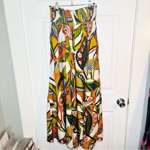 Cato Vibrant Flowy Tropical Satin Extra Wide Leg Palazzo Pants Green Orange M - Picture 3 of 11